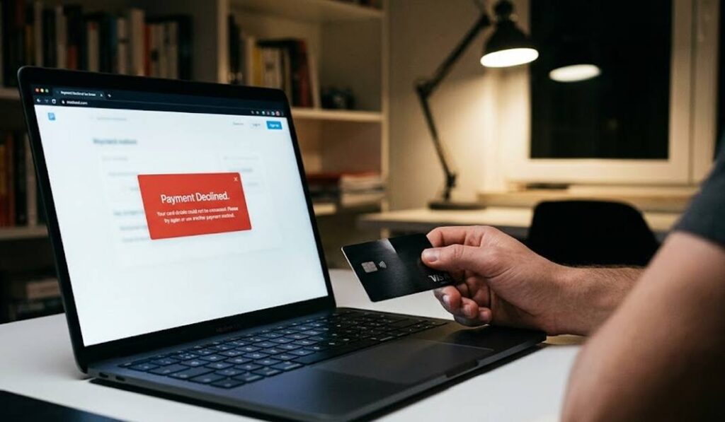 챗GPT 플러스 결제 거절 메시지가 떠 있는 노트북과 신용카드를 든 손