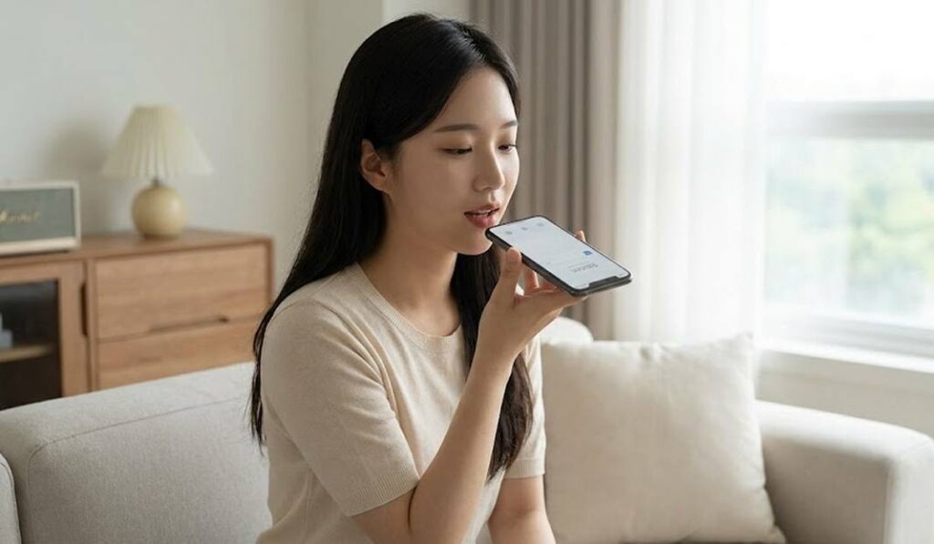 스마트폰으로 음성 검색하는 여성