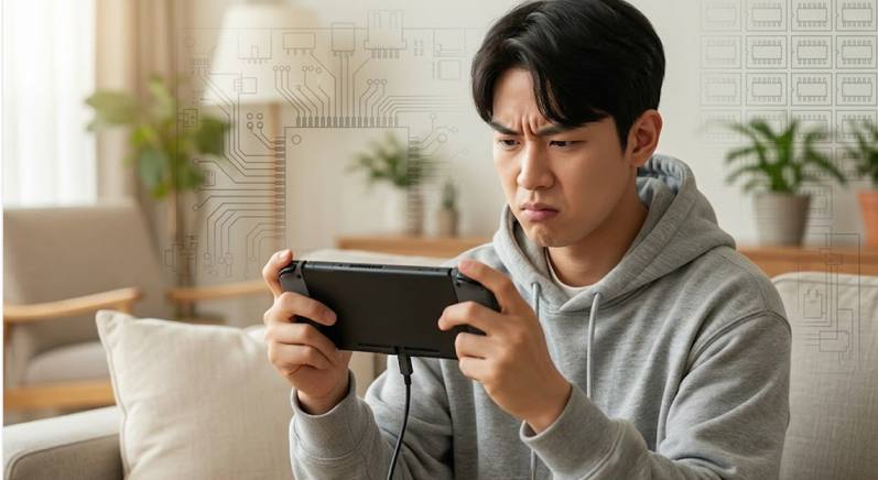 충전 안되는 닌텐도 스위치를 든 사람