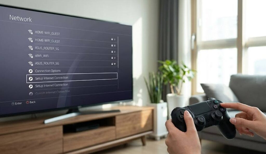 PS4 네트워크 설정 화면을 확인하는 모습