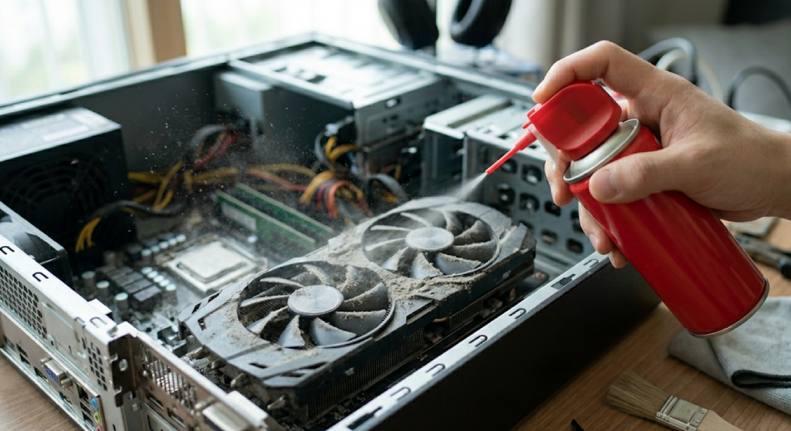 GPU 쿨러에 쌓인 먼지를 청소하는 모습