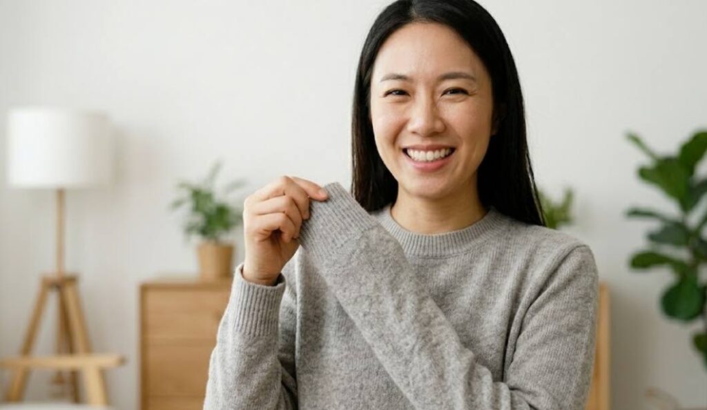 껌이 제거된 깨끗한 옷과 만족하는 사람